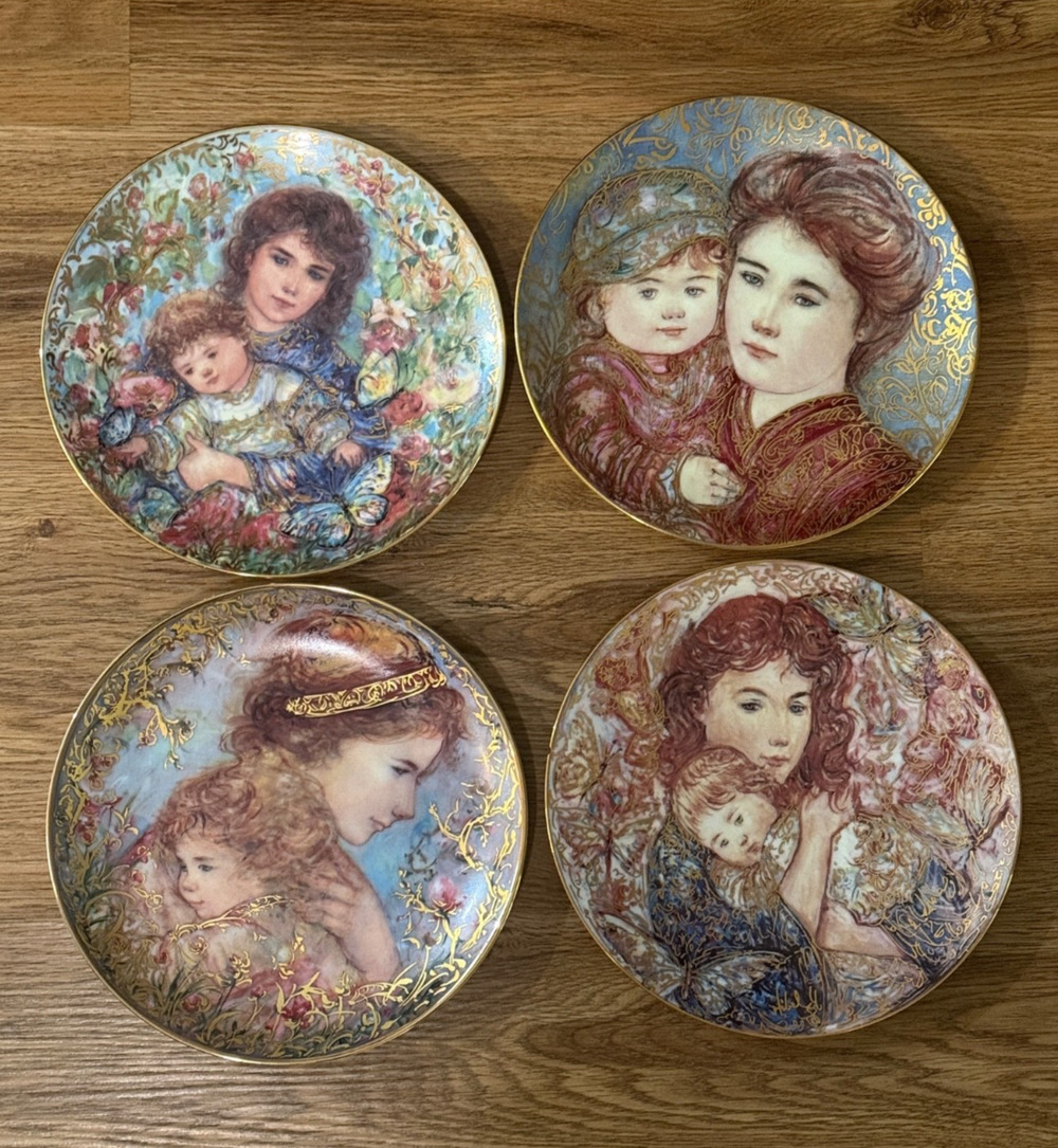 Edna Hibel Collector Plates Lot of 4 Mother's Day Porcelain Gold Trim Vintage